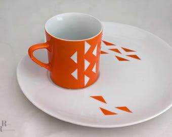 Jonas Roberts Orange Diamonds Snack Plate and Cup Set Japan 1950s