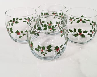 Set of 4 Libbey Holly Berry Pattern LRSLRS337 Roly Poly Christmas Holiday Cocktail Glasses