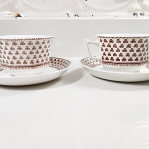 Wm Adams & Sons Empress Form Sharon Pattern Tea Cup and Saucer sets, Brown shamrocks on white ironstone.  Sold in sets of 2