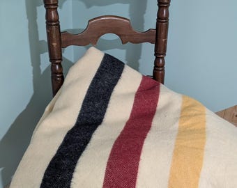 Vintage Wool Camp Blanket Full/Queen 96x80 C,ream Multi‑Stripe Mid‑Century Cabin Blanket