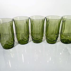 Set of 6 Vintage Anchor Hocking Colonial Tulip  Avodaco green tumblers. 5 1/4 inch tall glasses molded into the shape to represent tulip blossoms.