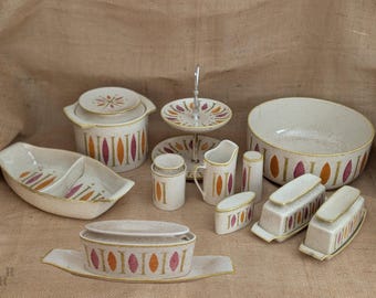 Red Wing Pepe Serving Pieces: Butter, Sugar, Creamer, Gravy, Bean Pot, Divided Dish, Tray
