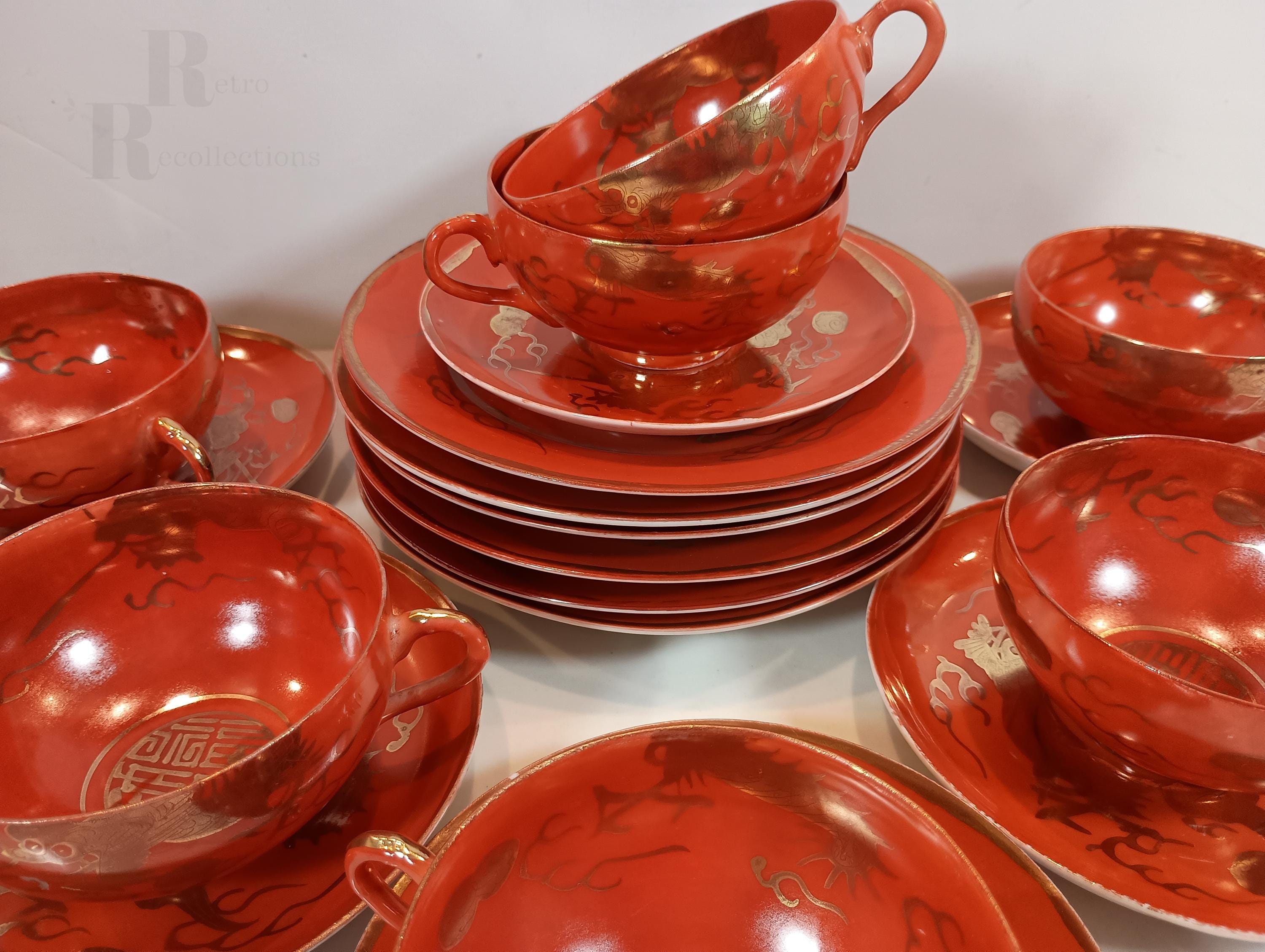 Vintage Eiraku Style Kutani Gold Dragon Red Eggshell Porcelain