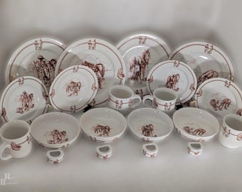 Totally Today Western Cowboy Dinnerware Service for 4 Plus Individual Plates Bowls Mugs Napkin Rings Mixed Scenes