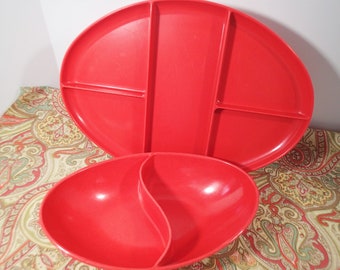 Vintage Melmac Melamine Orange Spaulding divided  bowl  and oval tray