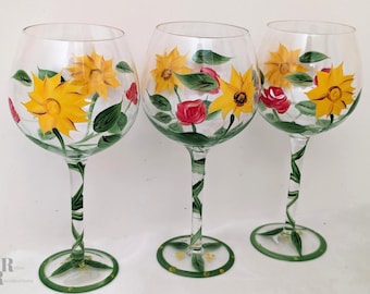 Hand Painted Sunflower Rose Wine Goblets Set of 3, Oversized  Balloon Glasses