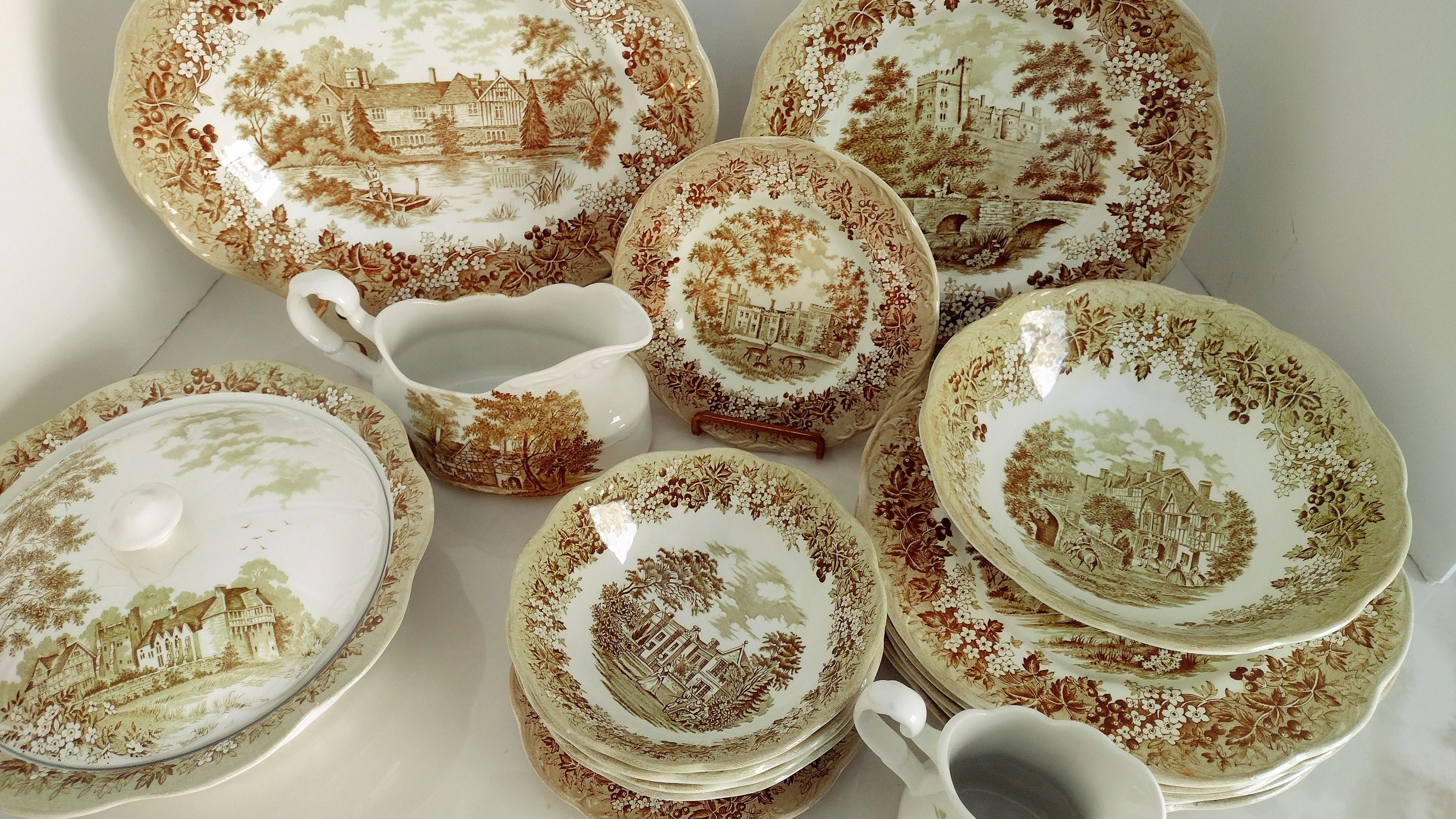 JG Meakin Romantic England Avocado Green Transferware Dinnerware