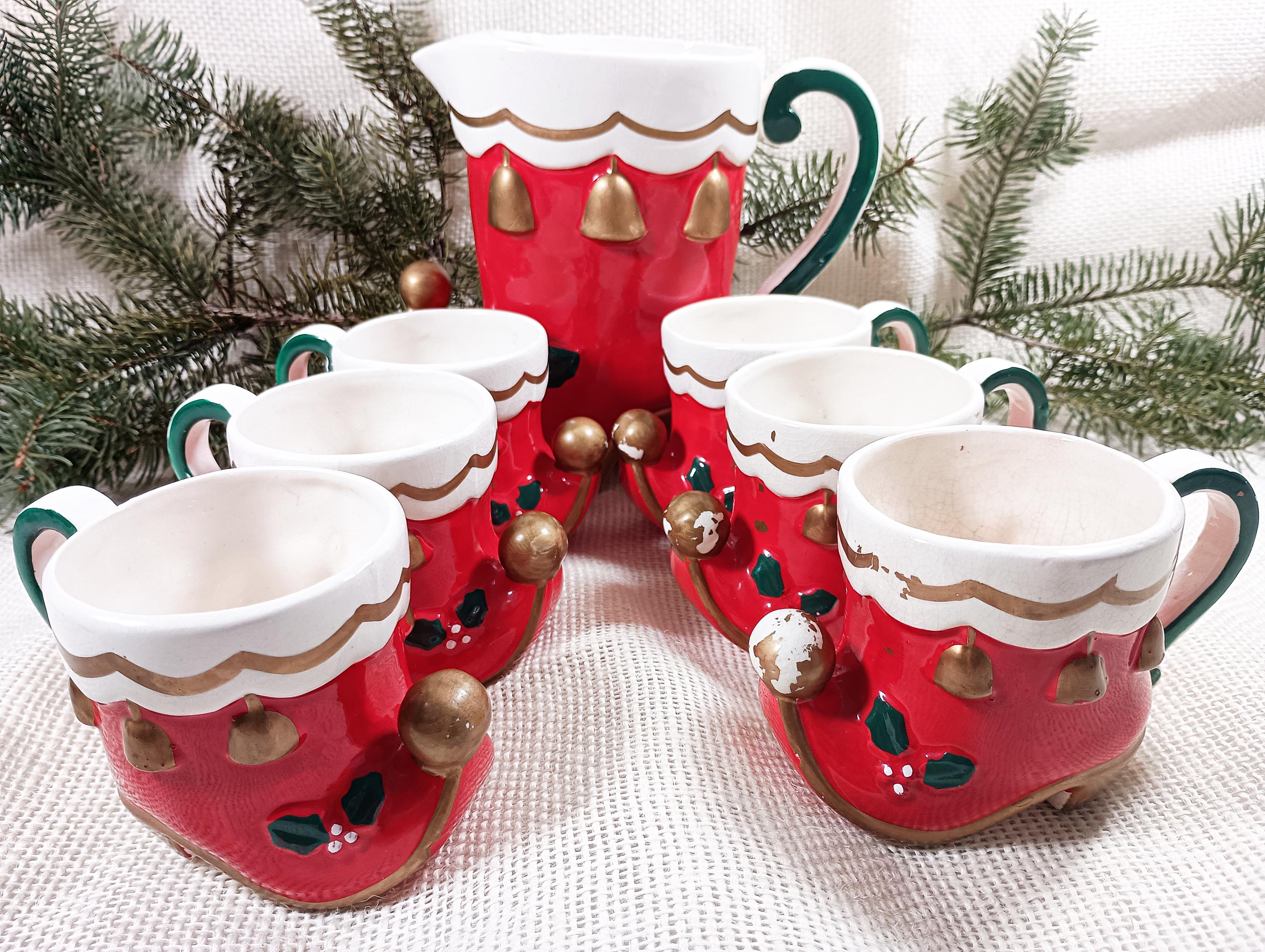 Vintage Napco Christmas Boot Eggnog Set, Boot Pitcher, and Six