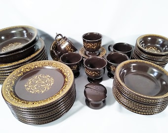 Franciscan pottery Jamoca Vintage Dinnerware place settings, Sets and individual pieces sold separagely. Glassware pictured is not included.