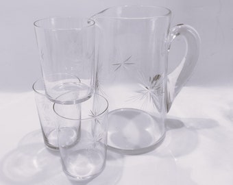 4 piece set Antique FOSTORIA 48 Oz Sunburst Pitcher and 3 matching 8 ounce Atomic Starburst Flat Tumblers,