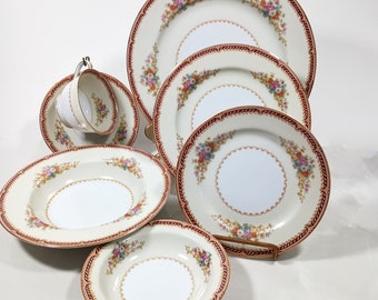 Vintage Rose China Japan RO6 Maroon Laurel Gold Trim Dinnerware