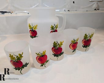 Frosted Tomato Juice Set: Hazel Atlas Gay Fad Mid Century Pitcher Glasses