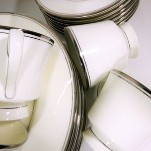 Mikasa Briarcliffe Dinnerware Place Settings sold separately. White China with platinum verge and rim. Very Elegant dinnerware