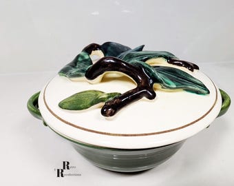 Individual Majolica Casserole Dish Green Cream Leaf Lid Vintage Pottery Magnolia Style