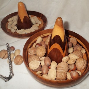 Turned wood Sombrero snack serving bowls, or bowls to keep trinkets or keys. Beautiful segmented contrasting stacked wood artfully turned into sombrero shapes and  finished in high gloss.