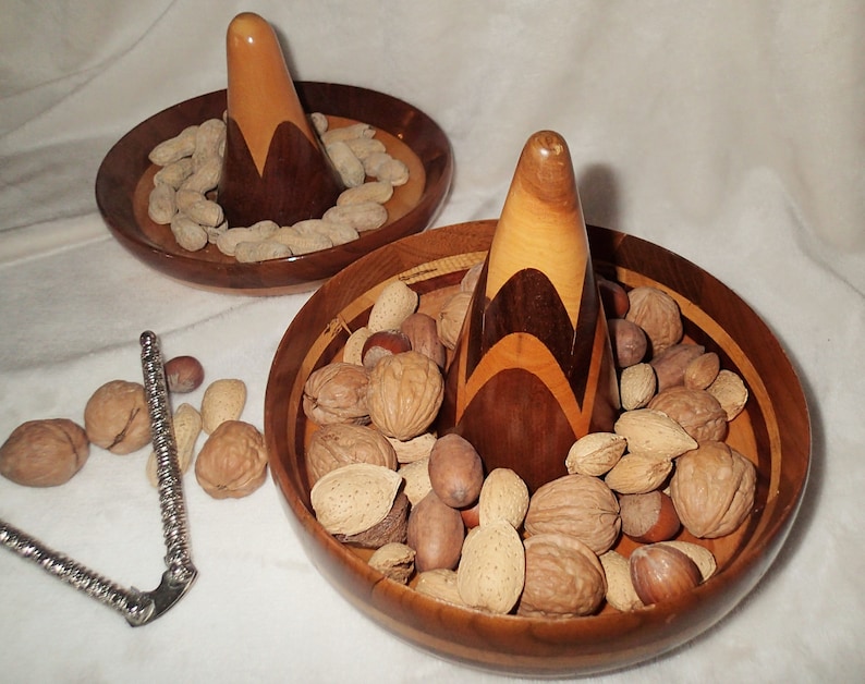 Turned wood Sombrero snack serving bowls, or bowls to keep trinkets or keys. Beautiful segmented contrasting stacked wood artfully turned into sombrero shapes and  finished in high gloss.