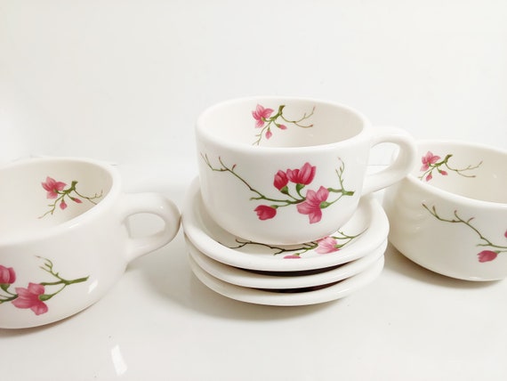 Demitasse Espresso Cups and Saucers with Pink Cherry Blossoms, Set