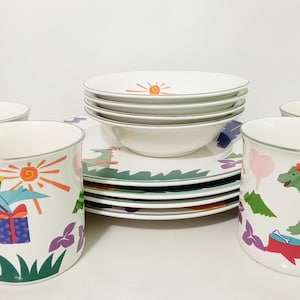 Vintage Mikasa Dino and Friends Cartoon Character  Dinnerware. Set of 4 children&#39;s place settings, Dinner Plate, Cereal Bowl, and Mug