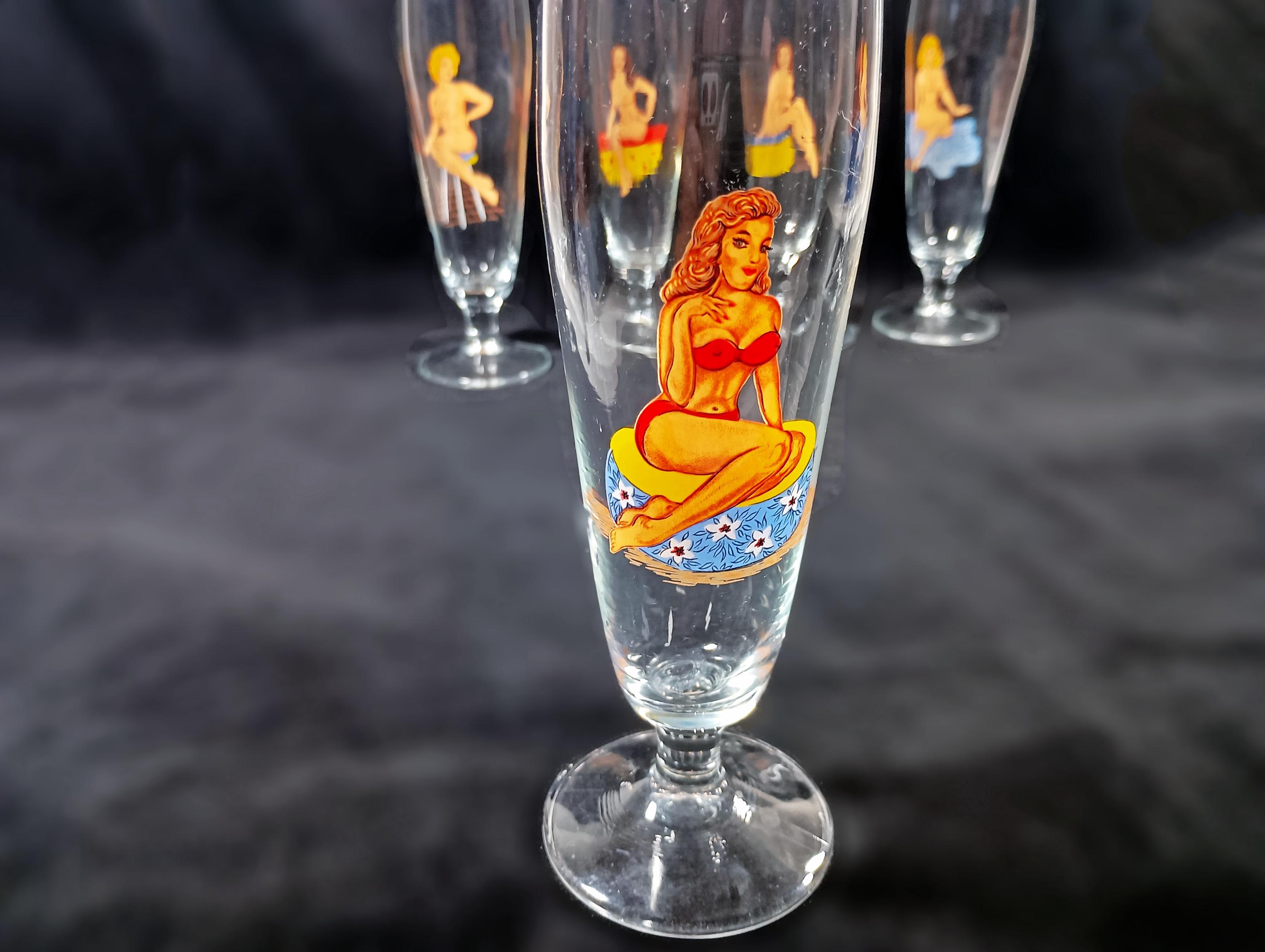 Vintage 1950s Peek‑a‑boo Pin‑up Girl Pilsner Glasses | Set of 5