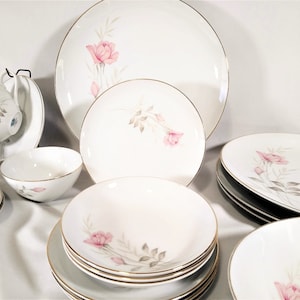 Mid Century American Rose By Camelot China 5 and 3 piece place settings, an oval platter, Pink Roses with gray stems & leaves, gold trim