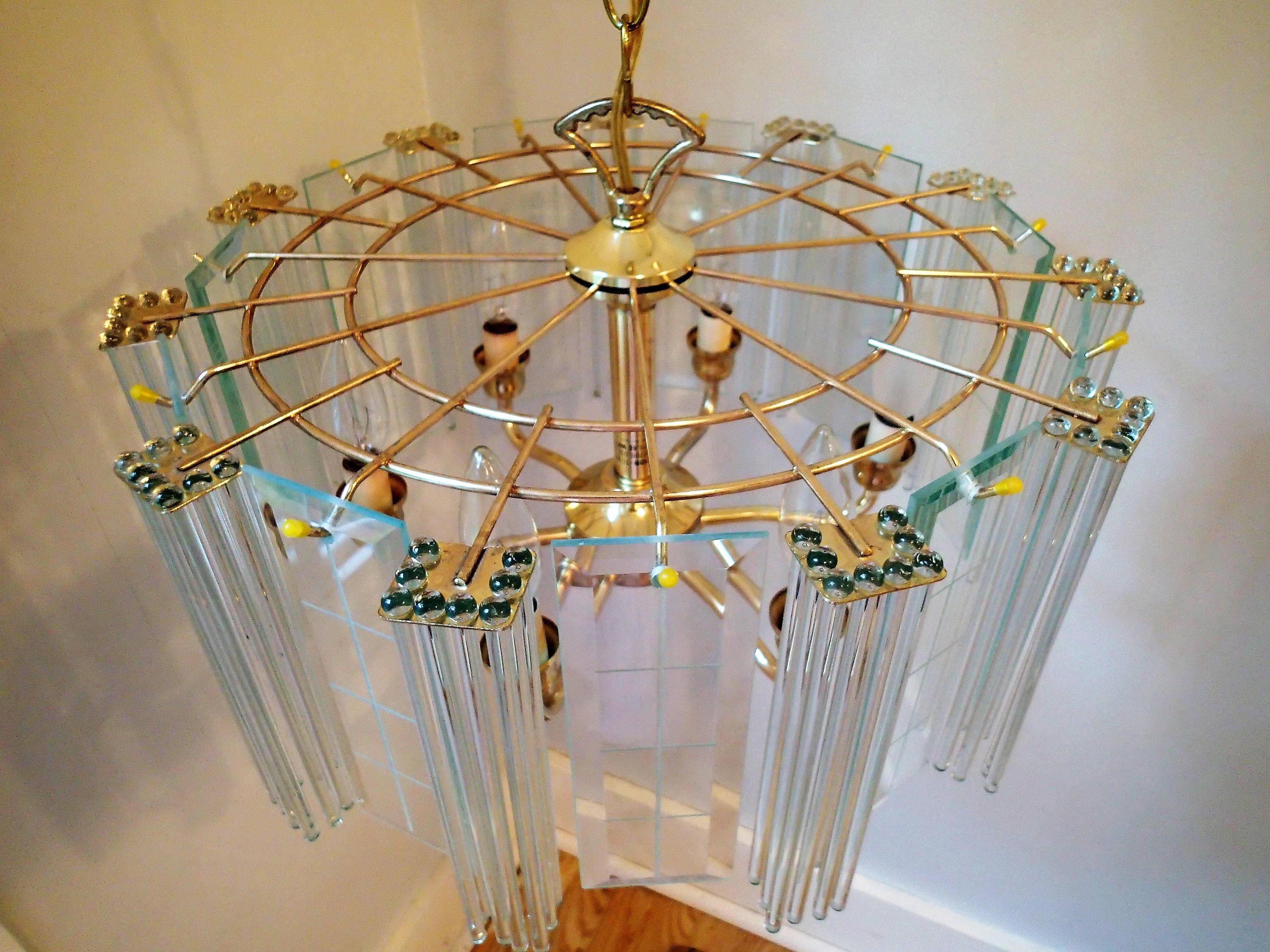 Mid Century Glass Rod and Beveled Glass Panel Chandelier Reminds
