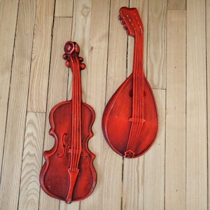 Mid Century Cast Aluminum Violin and Mandolin Musical Instrument wall decor.