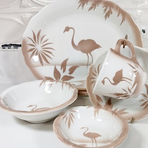 Mid Century Jackson Restaurant Ware. Brown airbrushed Flamingos on platters, cups, saucers, and bowls. Sold individually or as a set