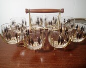 Mid Century Roly Poly glasses with caddy, Federal Glass Black Diamonds. Vintage Atomic 8 glasses in black and gold in metal caddy,