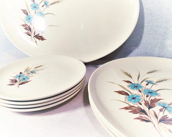 Mid Century Taylor Smith Taylor Versatile Dinnerware with Blue Bachelor Button Floral Wheat