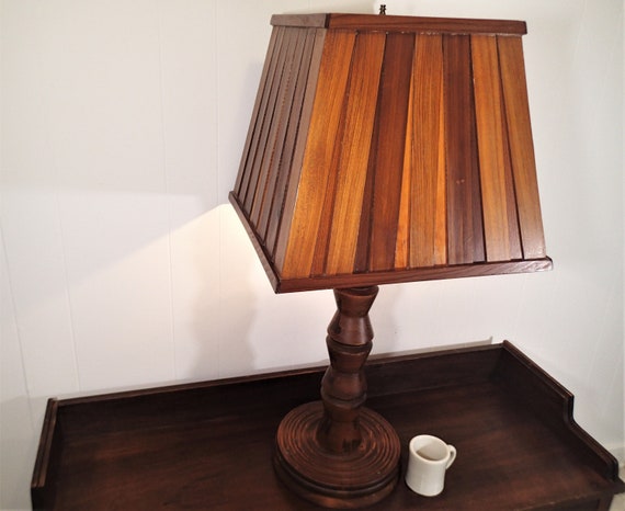 Turned Wood Table Lamp With Slat Shade Walnut Color Turned Wood Table Lamp With Slat, Vintage Wooden Table Lamp Shades