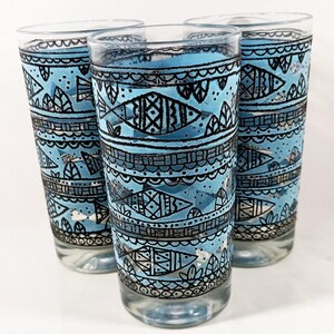 Vintage Turquoise Aztec Fish Drinking Glasses, 3 Mid-Century Modern Tumbers