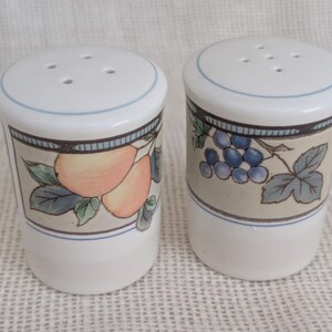 Mikasa Garden Harvest CAC29 stoneware Salt and Pepper shakers with fruit and leaf border on cream glaze.