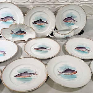 Antique Hand-painted Fish Display Dinnerware, plates, gravy, and candy dish
