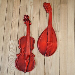 Mid Century Cast Aluminum Violin Mandolin Plaques, Burnt Orange Musical Decor