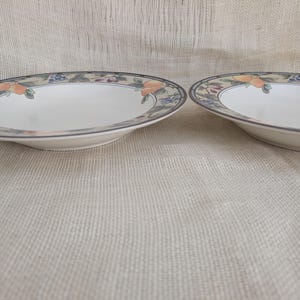 Set of 2 Garden Harvest pasta bowls with wide rim and deep center well.with fruit and leaf border on cream glaze.