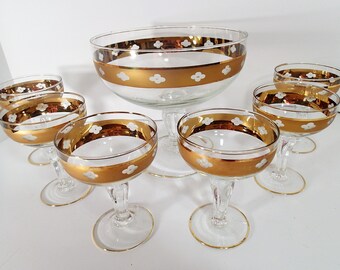 Gold Encrusted Bohemia Cut Glass Stemware 7 piece  Sorbet Dessert Set / Ice Cream Set, Service for 6