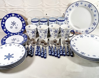 Vintage Meiwa Snowflake Dinnerware, Glassware, and Flatware set, Complete Service for 4.