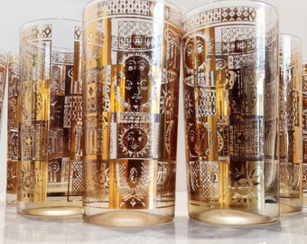 Mid Century Georges Briard Celestial Gold Highball Glasses, 12 oz tumblers, set of 8