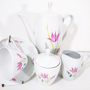 Mid Century Winterling Marktleuthen Bavaria WIG1514 Stylized Pink Arrowroot Flowers, green and gray leaves, yellow and gray grass dinnerware set. 37 piece dinnerware set