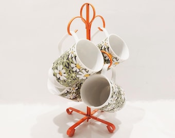 Mid Century Flower Power Stacking Coffee Cups with Orange Metal Rack, Set of 4