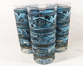Mid-Century Glassware Blue bands with Aztec Fish Design on a SET of THREE 5 5/8" tall 10 Ounce Tumblers.