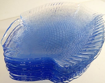 Pasabahce Glass Fish Plates in Sky Blue, sold in sets of 4 plates. Retro Detail Pressed Glass for Seafood or Fish Entrees