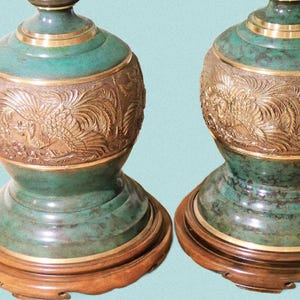 Mid-Century Asian Lamps, James Mont Style Cloisonne Brass Phoenix Bird, Original Burlap Shades Available
