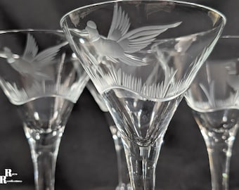Vintage Cut Crystal Liqueur Stems, Hand-Cut Pheasant Wildlife Barware Set (4)