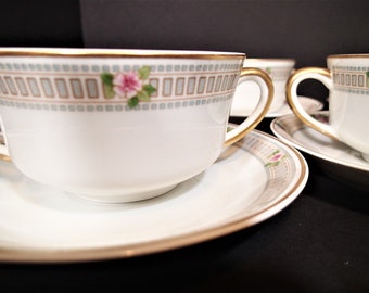 Syracuse Briar Rose Bouillon cups & Underplates Pink rose border, gold rim. Price  is for 1 set (1 cup and 1 underplate) 7 sets available