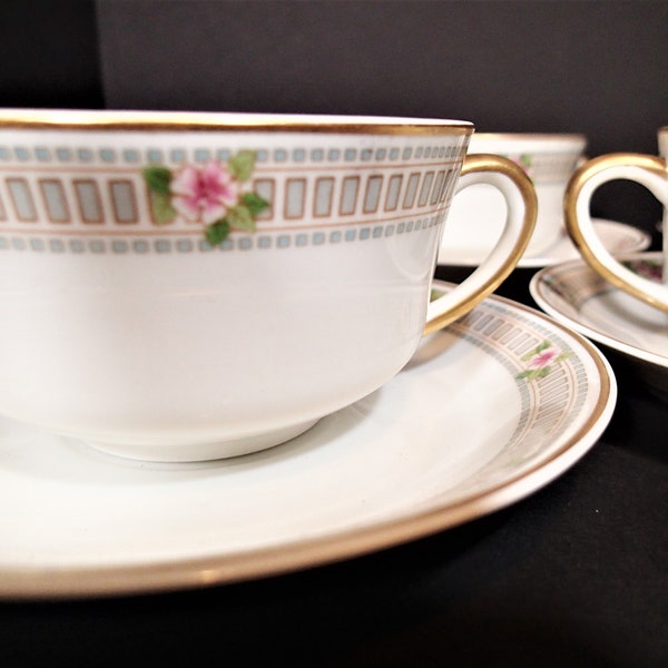 Syracuse Briar Rose Bouillon cups & Underplates Pink rose border, gold rim. Price  is for 1 set (1 cup and 1 underplate) 7 sets available