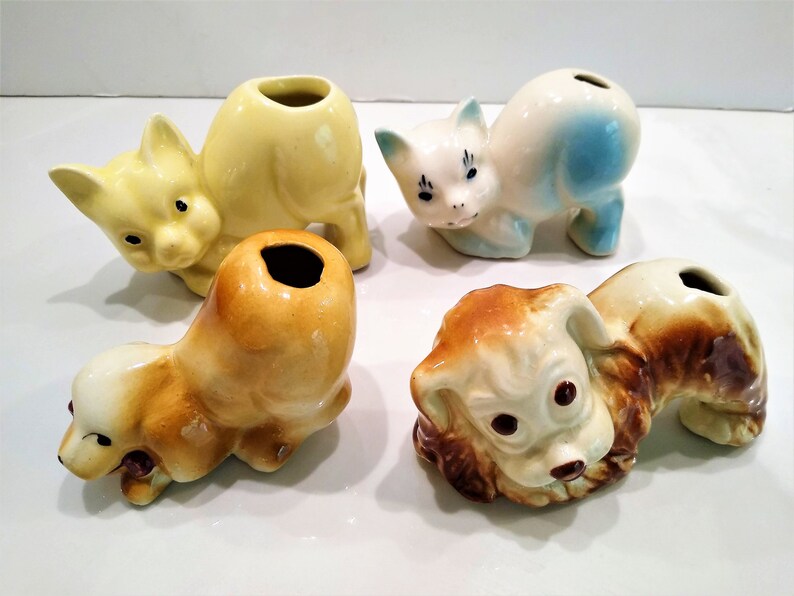 Antique Dog and Cat Figurine Perfume Diffusers.  Yellow Diffuser Cat, Blue Diffuser Cat, Furry Diffuser Dog or Short Haired Diffuser Dog. Sometimes listed as Antique Toothbrush Holders or Toothpick holders