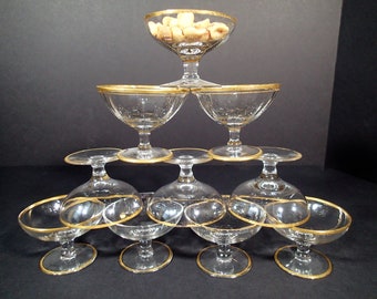 Vintage Champagne Coupe Cocktail Glasses Stemware. Tiny Glasses with gold rim