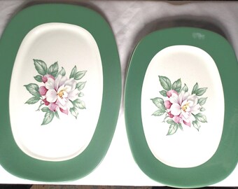 Taylor Smith Taylor Lady Helen Platter Teal Sage Border Pink Rose 1950s Oval Rectangle