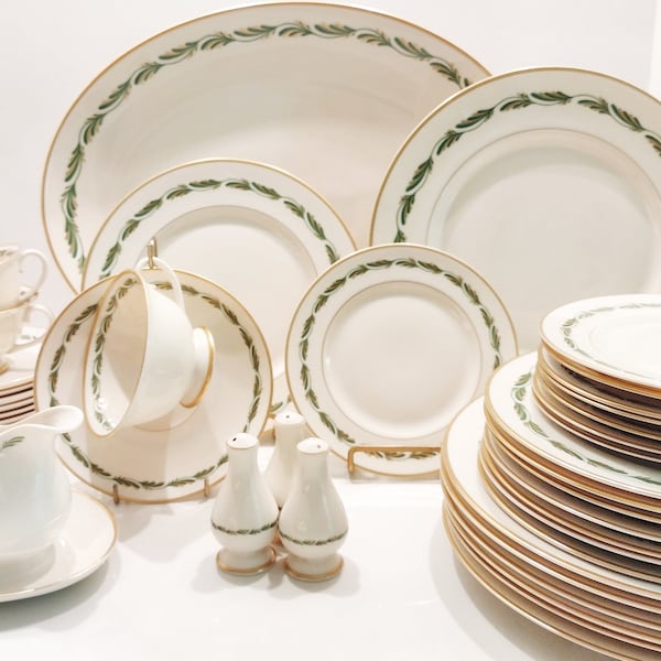 Mid Century Franciscan Arcadia Green 5 piece place settings, sets of dinner plates, salad plates, bread plates, saucers, and serving pieces